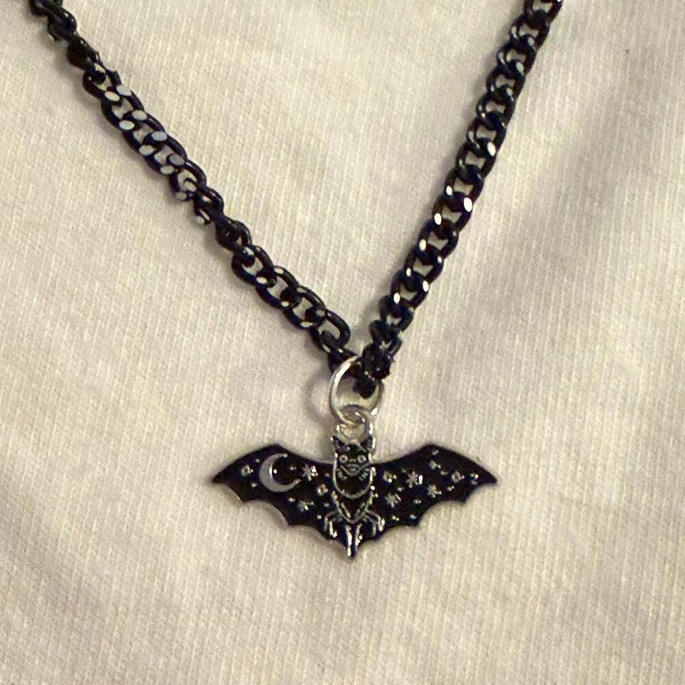 Gothic Black Bat Pendant Necklace with Moon and Stars